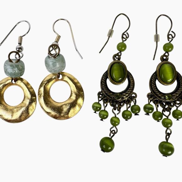 Earrings Lot Green Color Beads Stones 9 Pair Pierced Clip On Gold And Silvertone - Picture 7 of 13